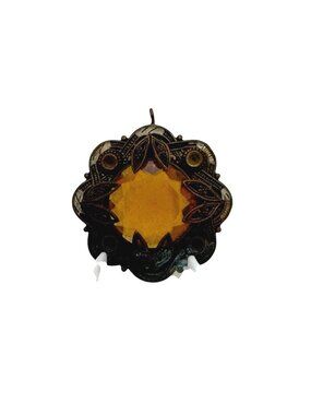 Antique Brass Pendant Amber Glass Gemstone Ornate Filigree 1.5" Art Deco READ